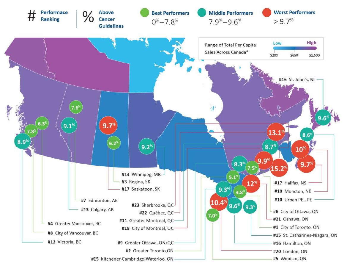 This map of Canada highlights percentages in large cities where alcohol consumption is above cancer guidelines