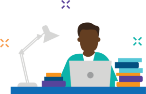 clipart of man at a computer desk next to books
