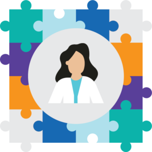 clipart of female doctor in the centre circle with puzzle pieces surrounding her