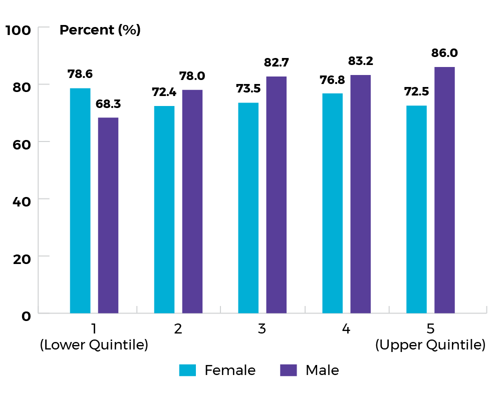 Lower quintile: females: 78.6%; males: 68.3%, Quintile 2: females: 72.4%; males: 78.0%, Quintile 3: females: 73.5%; males: 82.7%, Quintile 4: females: 76.8%; males: 83.2%, Upper quintile: females: 72.5%; males: 86.0%
