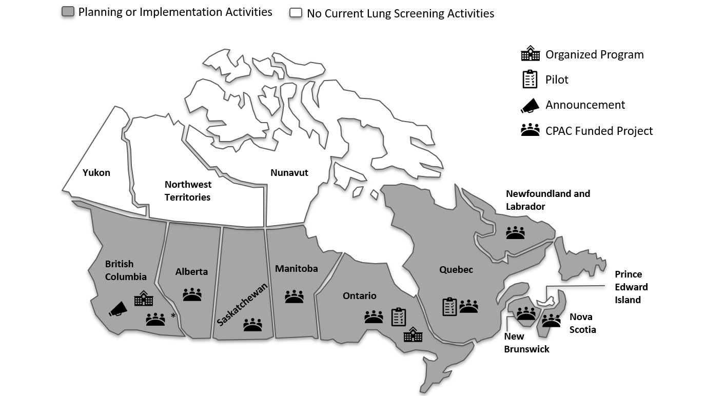 map of Canada showing lung cancer screening programs
