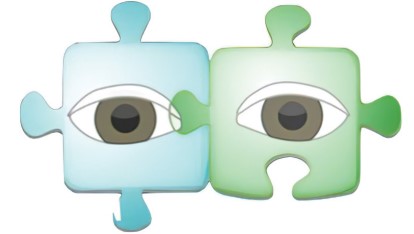 Deux pièces de casse-tête emboîtées, l’une étant bleue avec un œil brun et l’autre verte avec un œil brun