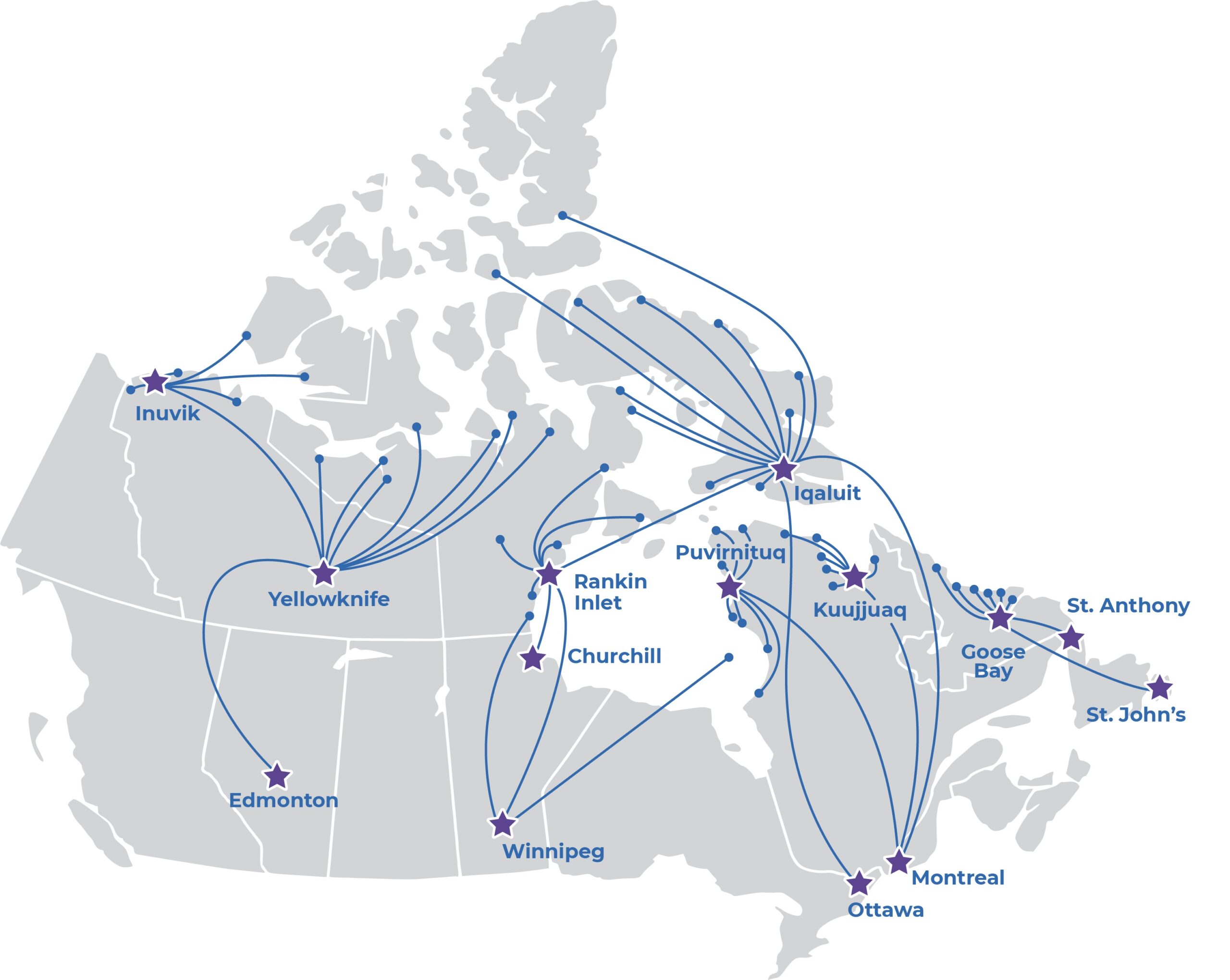 map of Canada showing travel from the north down to the south to Edmonton, Winnipeg, Ottawa, Montreal and St. John's